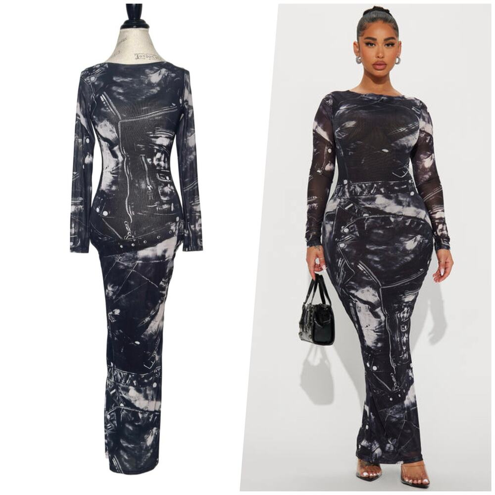 Halfheart | Women | Mesh Trompe L’oeil Y2K Biker Jacket Print Maxi Dress | Small